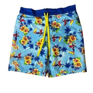 Surfing Superman tropical theme board shorts front tie lined Velcro closure